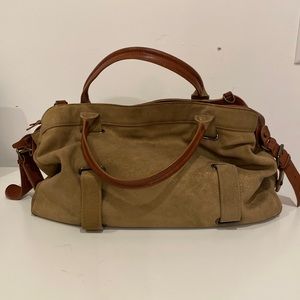 Theory Suede Satchel Bag Purse Leather Handles Snapped/Zippered Compartments